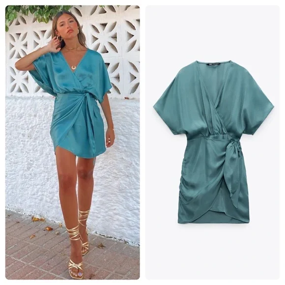 zara sea green dress Zara Green Floral Print Open Back Midi Dress (Removable Feather Cuff i –  KTRcollection main image 1